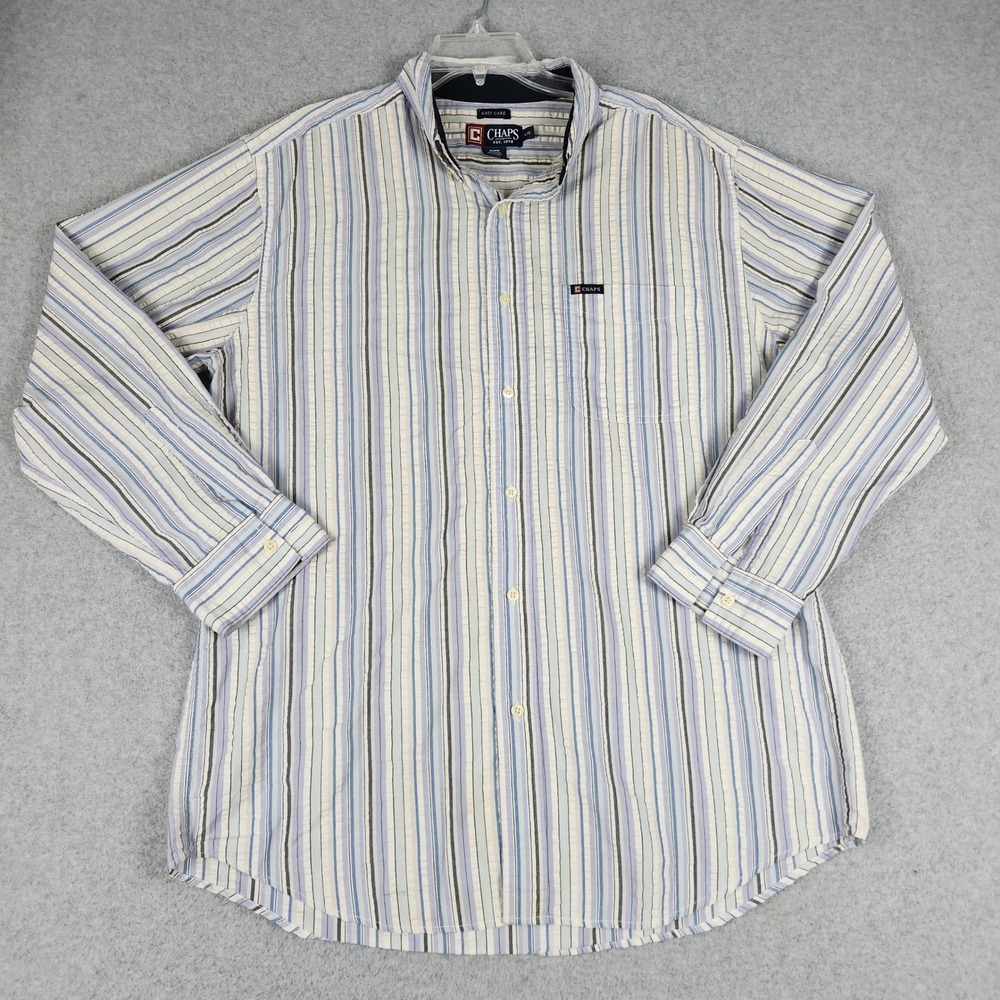 Chaps Shirt Men Large Blue Striped Easy Care Long Sleeve Classic Fit Button Down